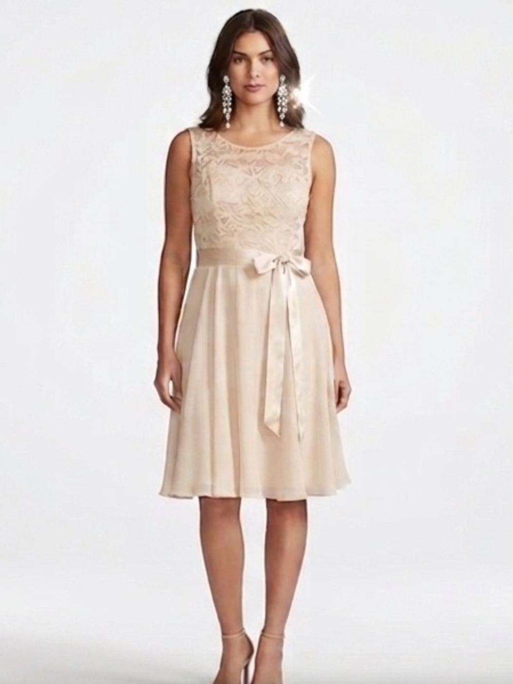 Vintage Beige Lace Satin Bow Wedding Guest Dress Size Medium